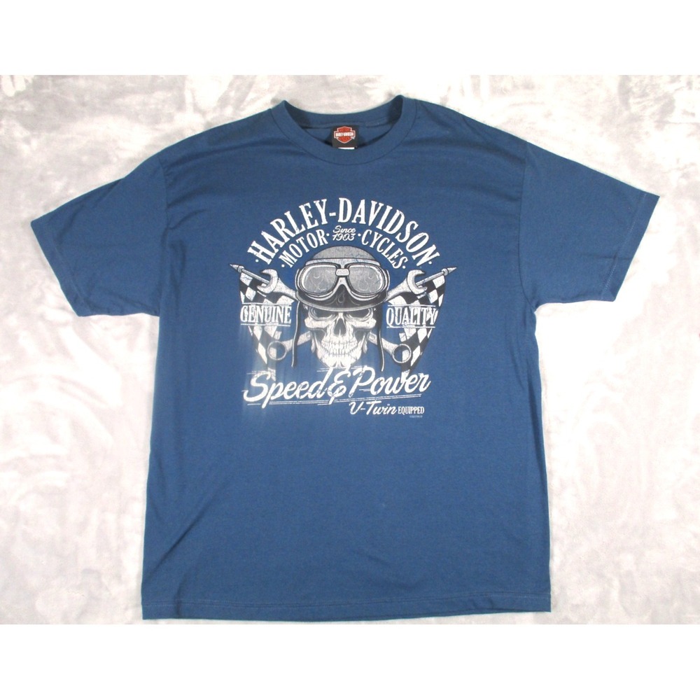 Harley Davidson Red River Wichita Falls TX 2 sided Graphic Blue Men's T shirt XL